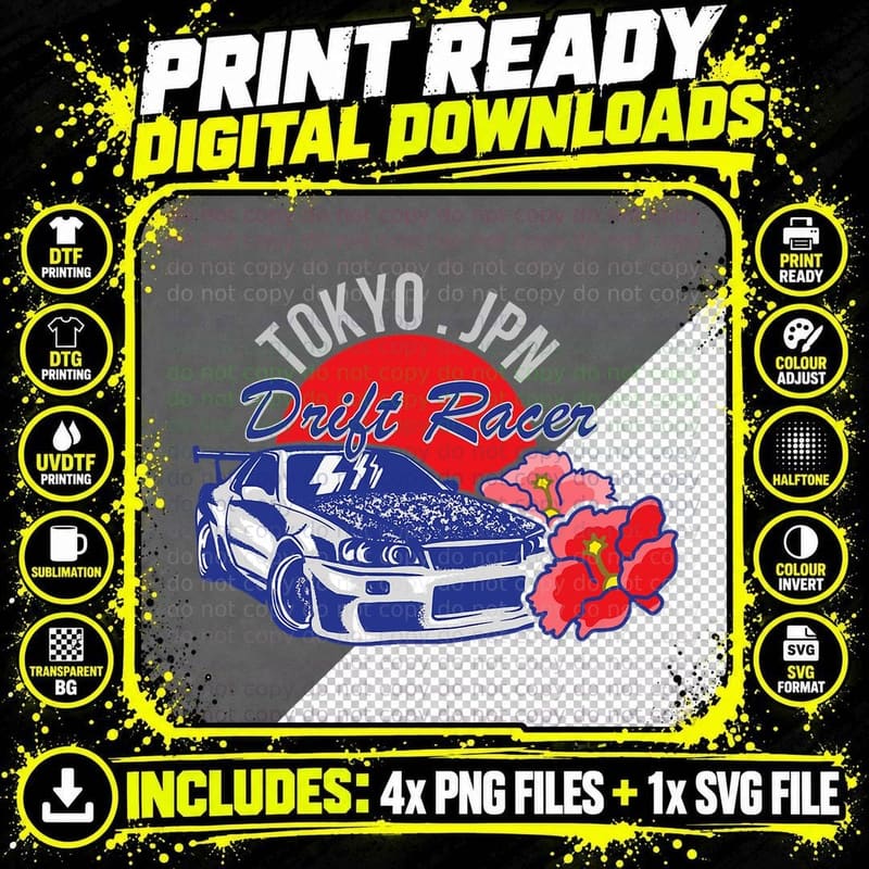 Jdm Tokyo Japan Drift Race Car Tuning Retro Vintage Png SVG Digital Bundle