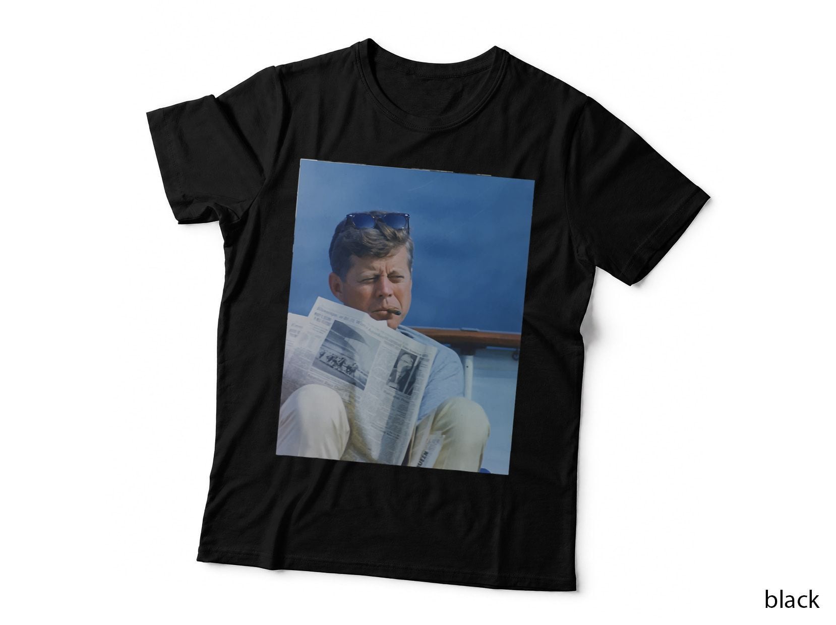 Jfk Reading Newspaper on a Yacht, Retro Presidential T-Shirt