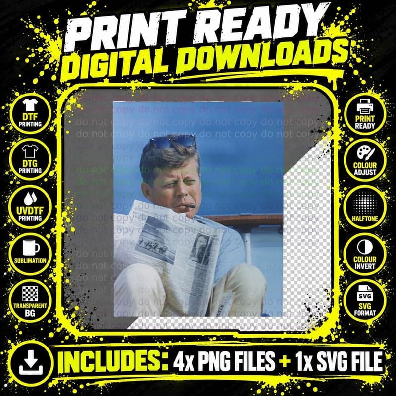 Jfk Reading Newspaper on a Yacht, Retro Presidential Png SVG Digital Bundle