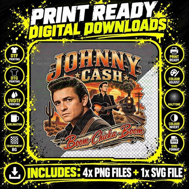 Johnny Cash Boom Chicka Boom Train Country Rockabilly Png SVG Digital Bundle