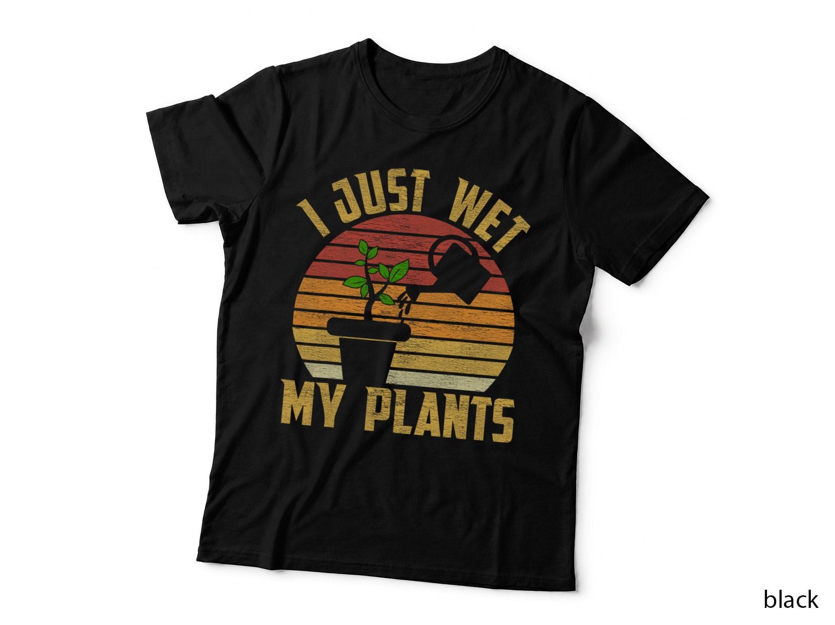 Just Wet My Plants Gardener T-Shirt, Retro Sunset Watering Can, Plant Lover