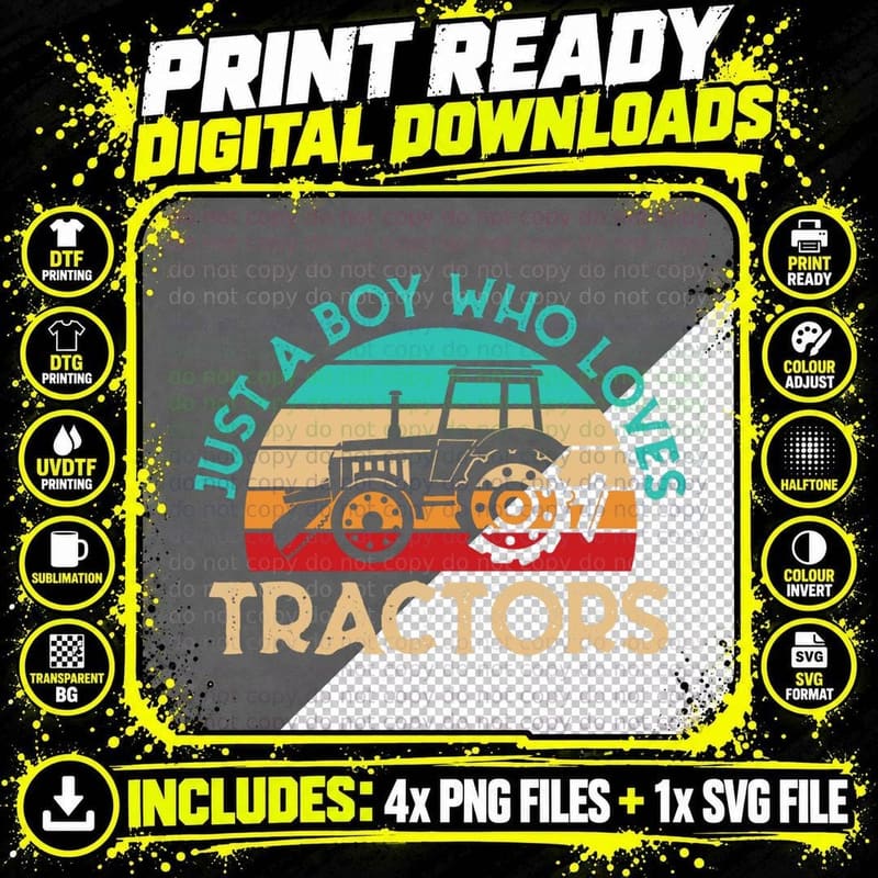 Just a Boy Who Loves Tractors, Vintage Retro Sunset Farm Png SVG Digital Bundle