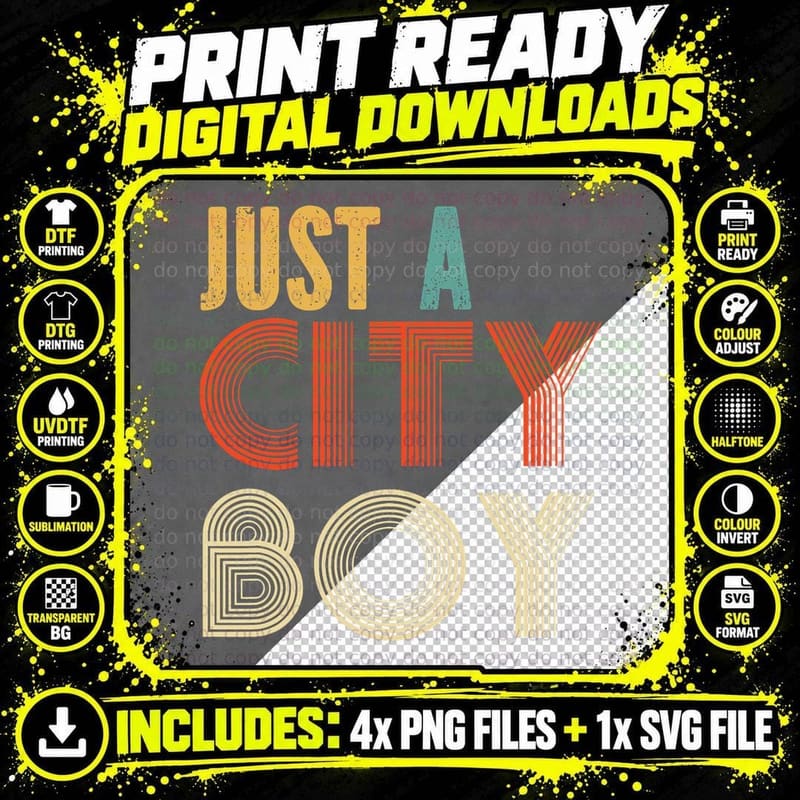Just a City Boy Retro T-Shirt, Vintage Stacked Letter Png SVG Digital Bundle