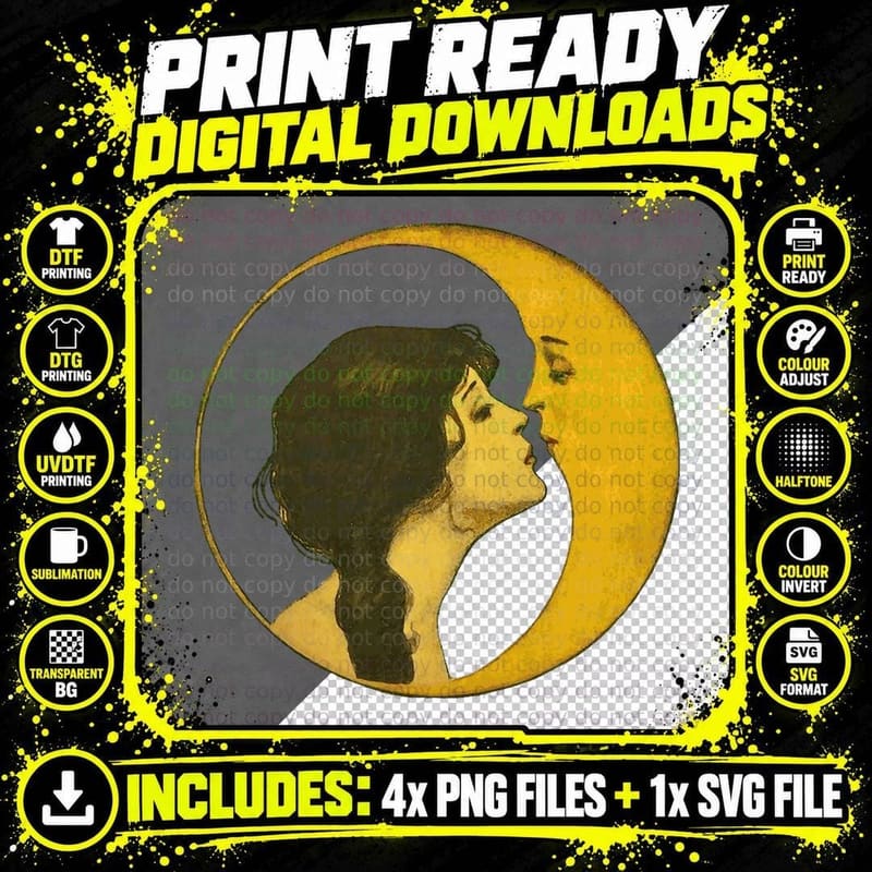 Kiss the Man on the Moon Vintage Art Celestial Gift Png SVG Digital Bundle