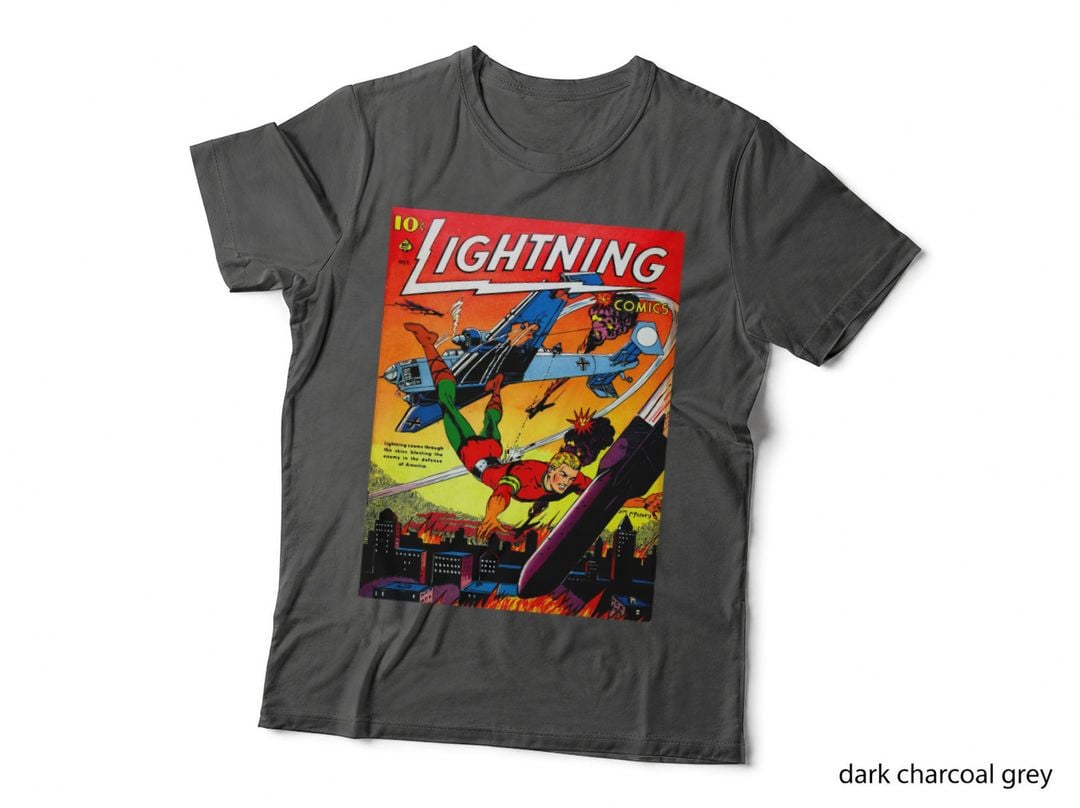 Lightning Comics Vintage 1940S Cover Superhero Fights Plane T-Shirt