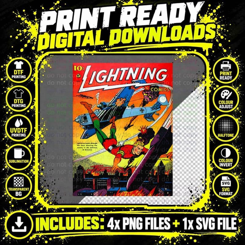 Lightning Comics Vintage 1940S Cover Superhero Fights Png SVG Digital Bundle