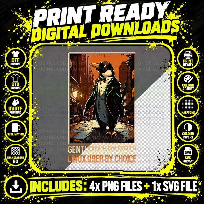 Linux Penguin Gentleman T-Shirt, Vintage Retro Png SVG Digital Bundle
