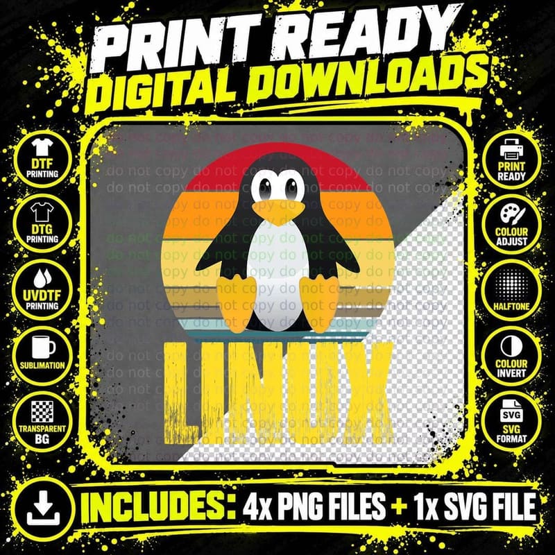 Linux Retro Vintage Penguin Nerd Heaven Geek Coding Png SVG Digital Bundle