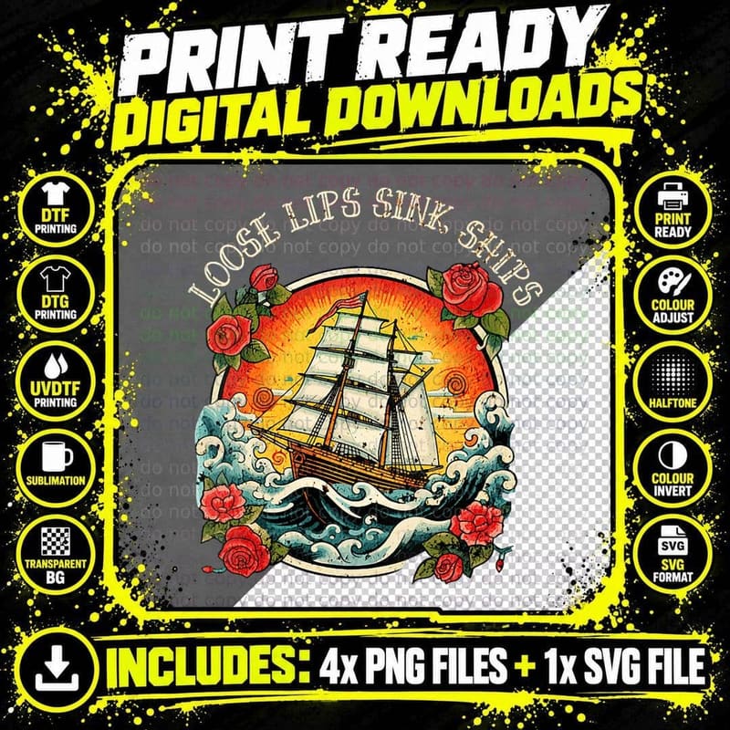 Loose Lips Sink Ships Vintage Tattoo T-Shirt Png SVG Digital Bundle