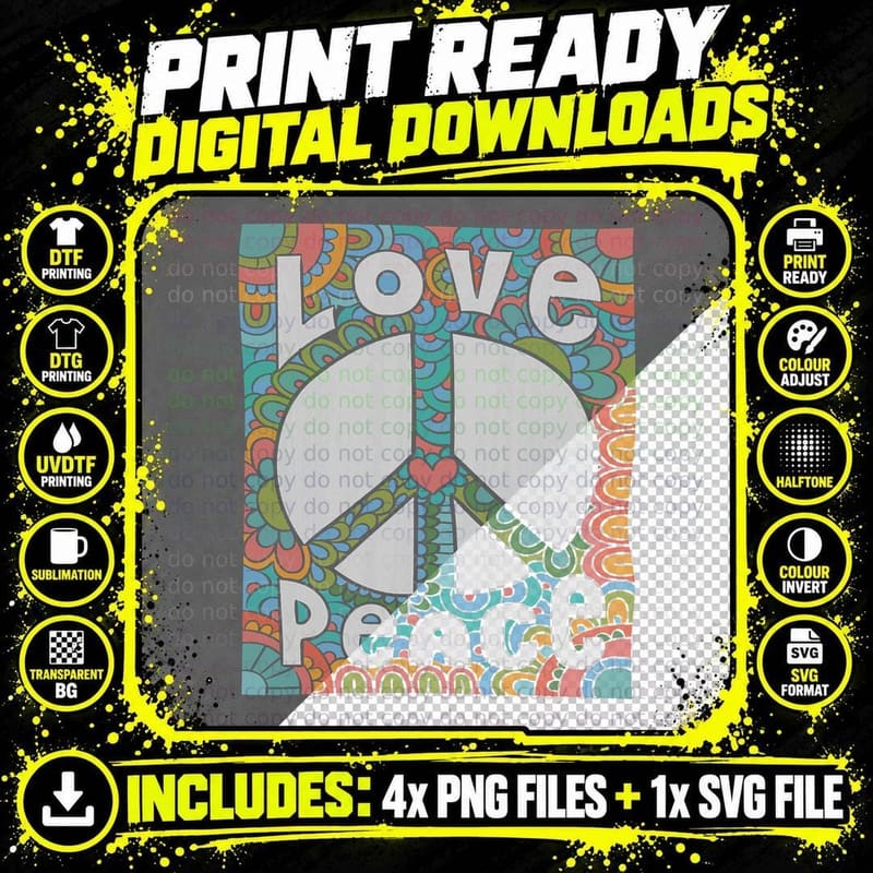 Love Peace Sign Retro Hippie T-Shirt Png SVG Digital Bundle