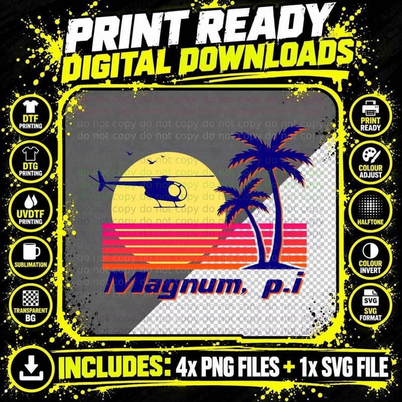 Magnum Pi Retro Sunset Helicopter Palm Trees Stripe Png SVG Digital Bundle