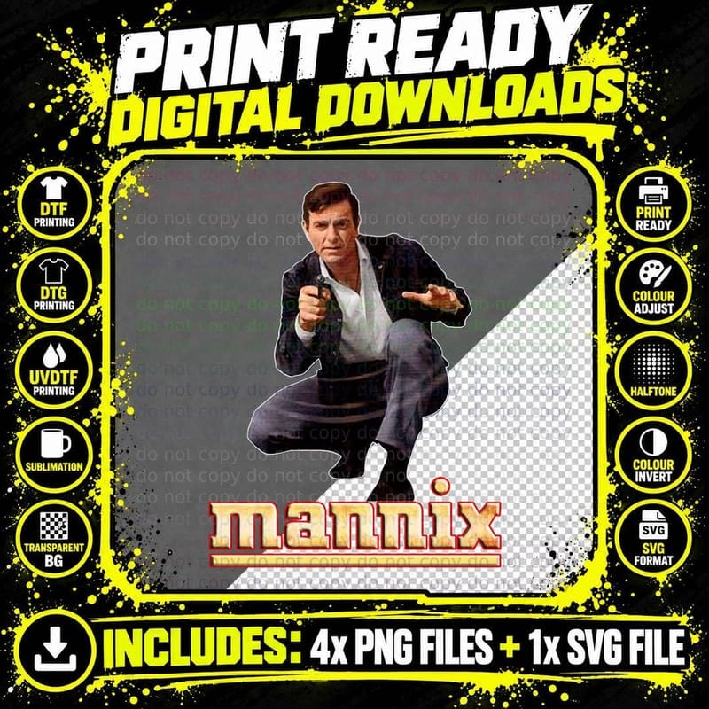 Mannix Retro 60S Detective Crouching with Gun Vintage TV Png SVG Digital Bundle