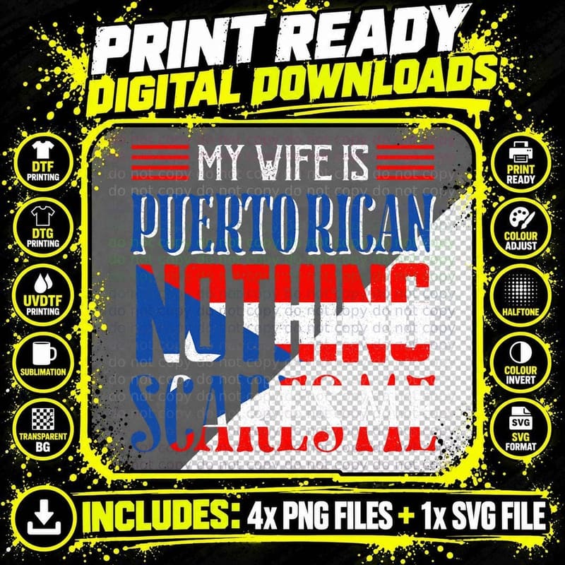 Mens Vintage Wife Is Puerto Rican Nothing Scares Me P. Png SVG Digital Bundle