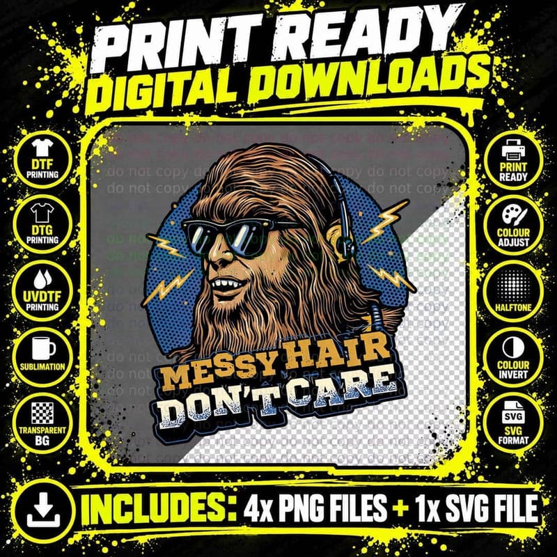Messy Hair Don't Care T-Shirt, Retro 80s Style Tee Png SVG Digital Bundle