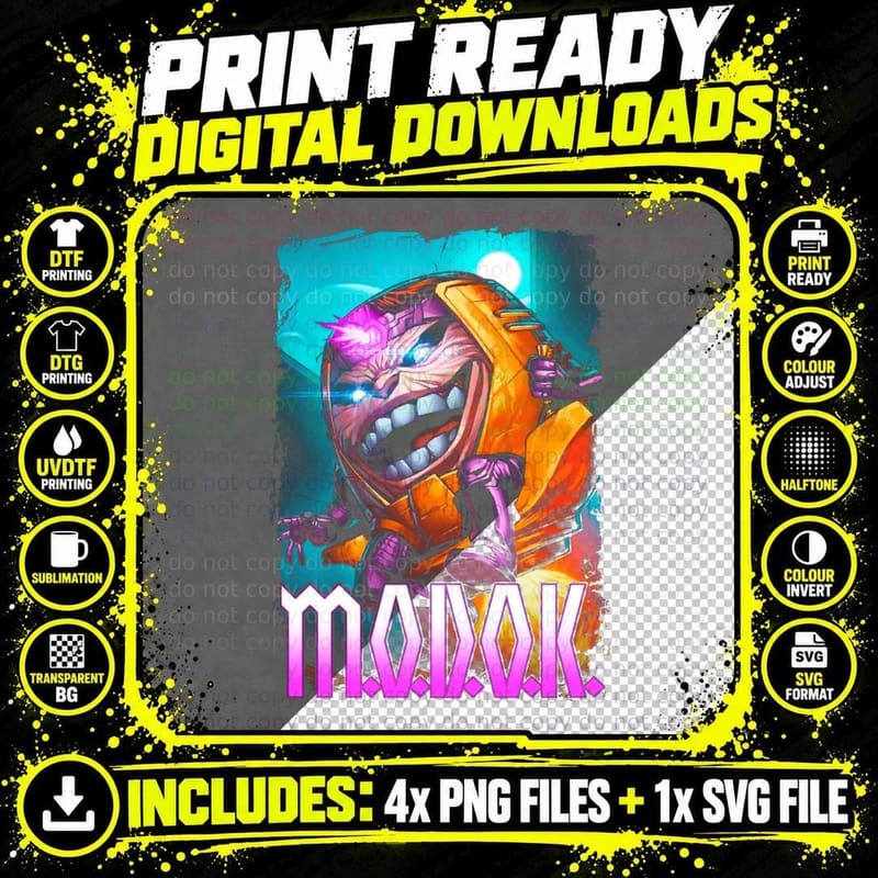 Modok Villain Oversized Head, Neon Retro Comic Art Png SVG Digital Bundle