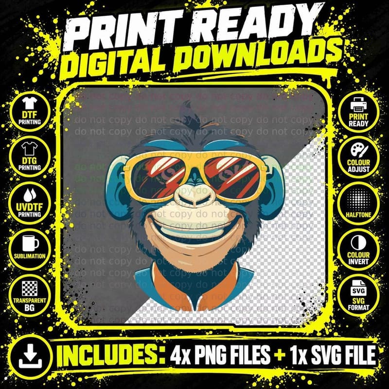 Monkey Sunglasses T-Shirt, Retro Animal Print Png SVG Digital Bundle
