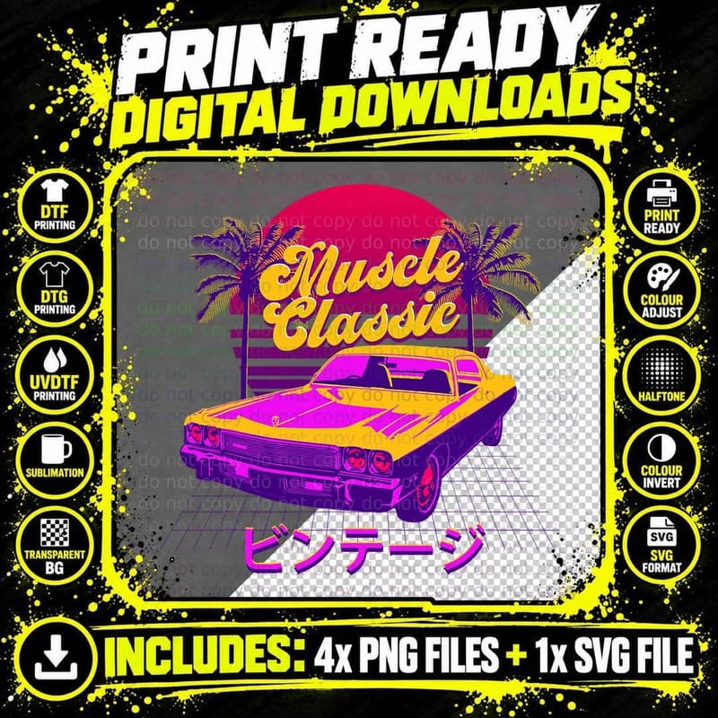 Muscle Classic Vaporwave Car T-Shirt, Retro Palm Sunset Png SVG Digital Bundle