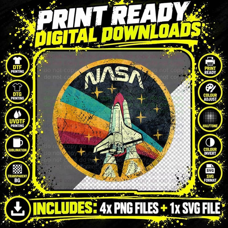 Nasa Retro Space Shuttle Badge Vintage Rainbow Stripe Png SVG Digital Bundle