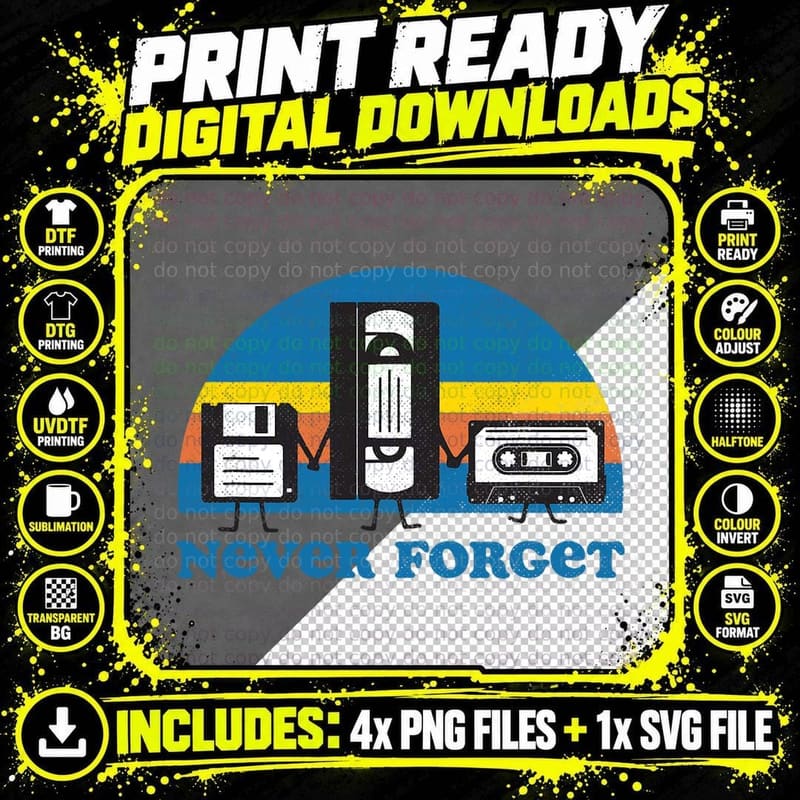 Never Forget Floppy Disk Vhs Cassette T-Shirt Png SVG Digital Bundle