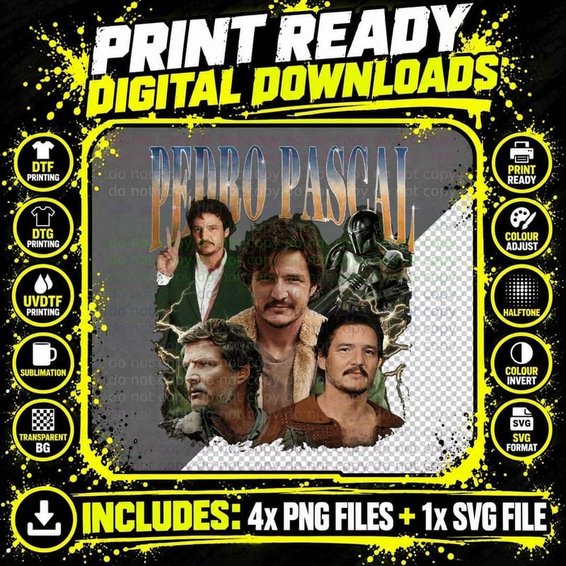 Pedro Pascal Vintage T-Shirt, Mandalorian Multi-Role Png SVG Digital Bundle