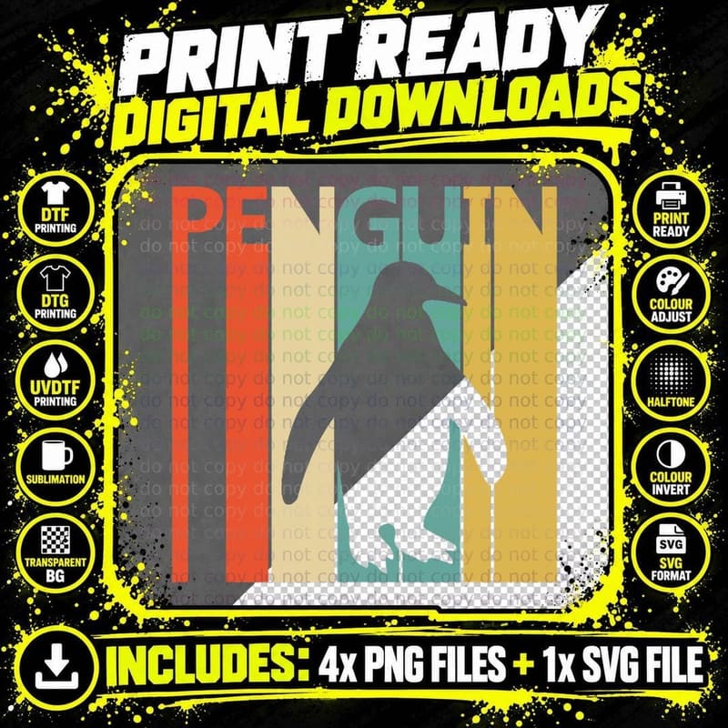 Penguin Animal T-Shirt, Retro Vintage Style Png SVG Digital Bundle