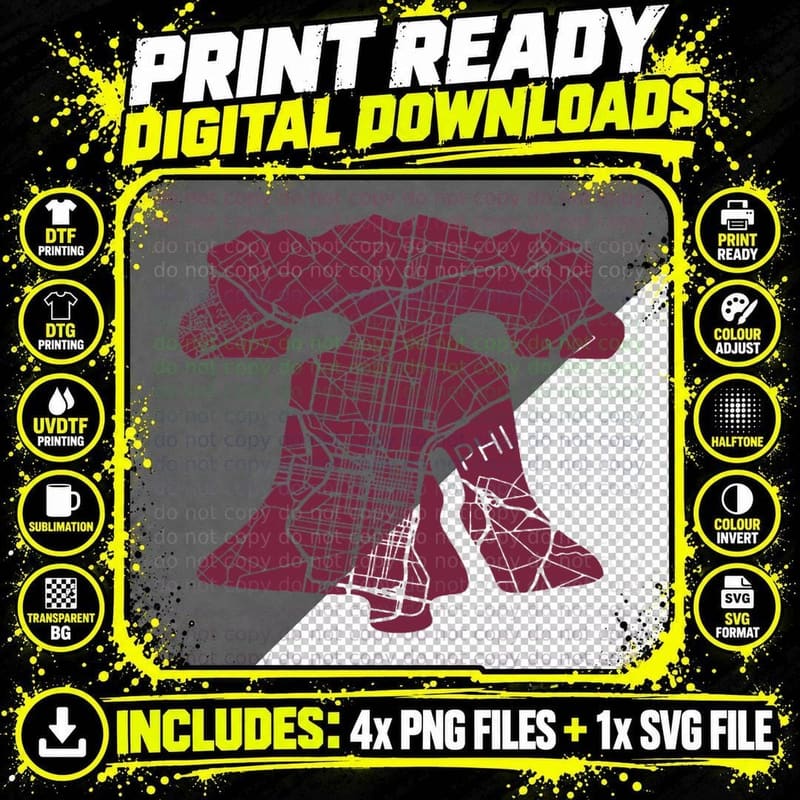Philadelphia Street Map Liberty Bell Vintage Maroon Png SVG Digital Bundle