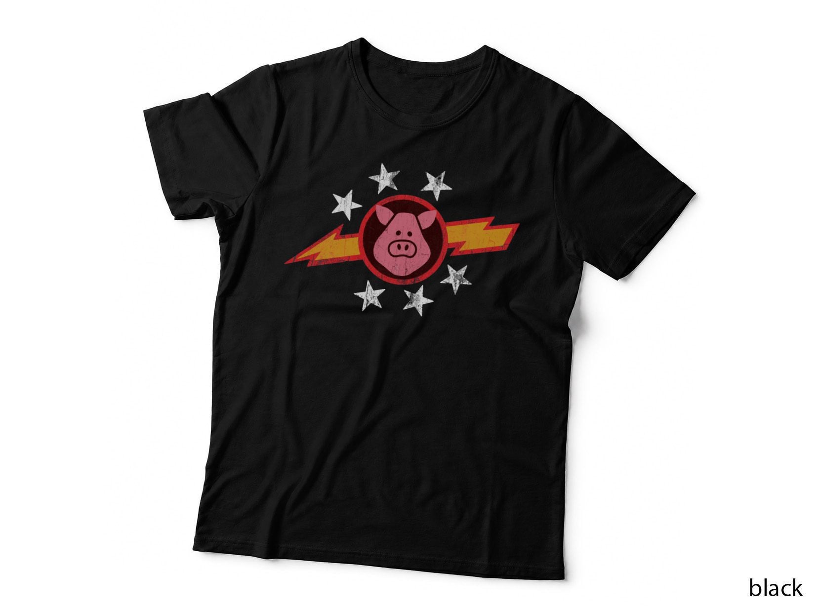 Pigs in Space Retro T-Shirt, Lightning Bolt Pig Badge, Star Emblem