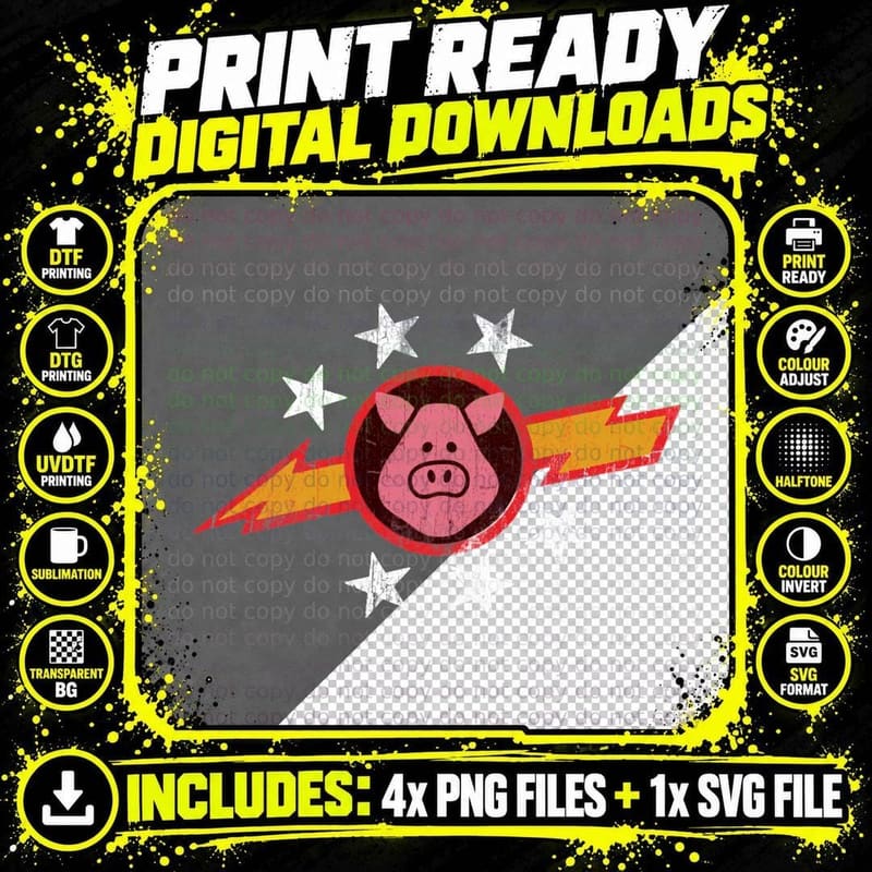 Pigs in Space Retro T-Shirt, Lightning Bolt Pig Badge Png SVG Digital Bundle