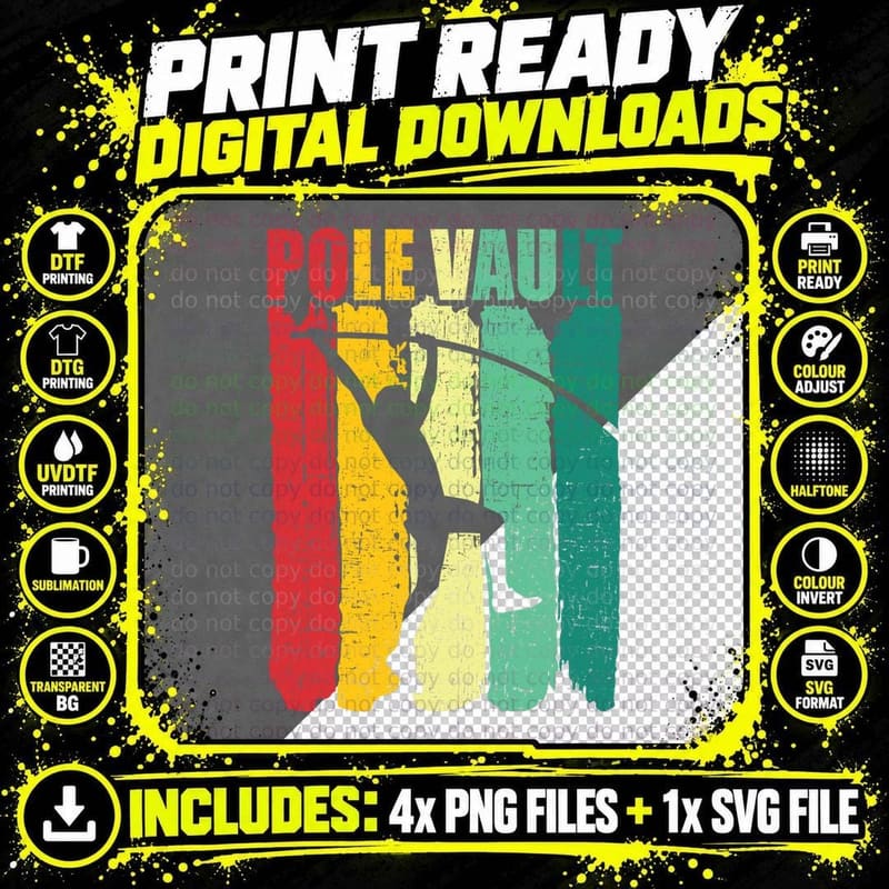 Pole Vault Retro Silhouette T-Shirt, Four-Colour Stripe Png SVG Digital Bundle