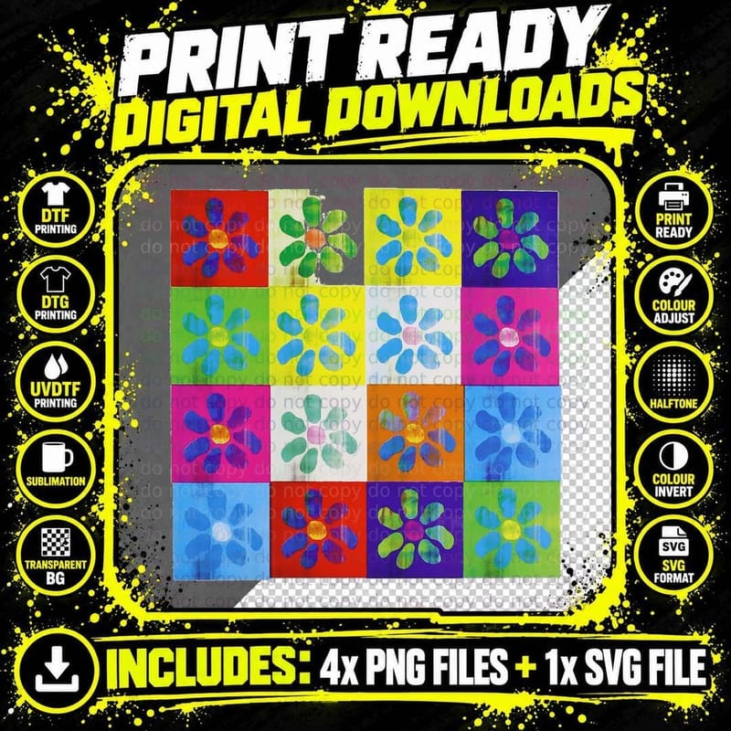 Pop Art Daisy Grid T-Shirt, Warhol-Style Flower Repeat Png SVG Digital Bundle