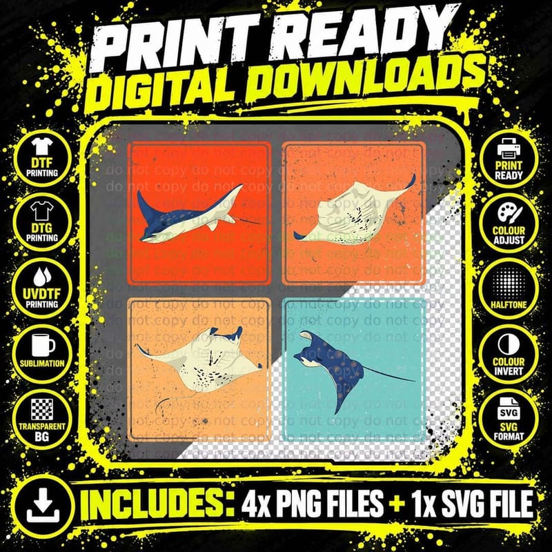 Pop Art Stingray T-Shirt, Retro Aquarium Print Png SVG Digital Bundle