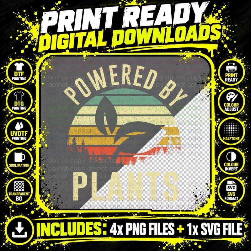 Powered by Plants Vegan T-Shirt, Retro Sunset Typography Png SVG Digital Bundle