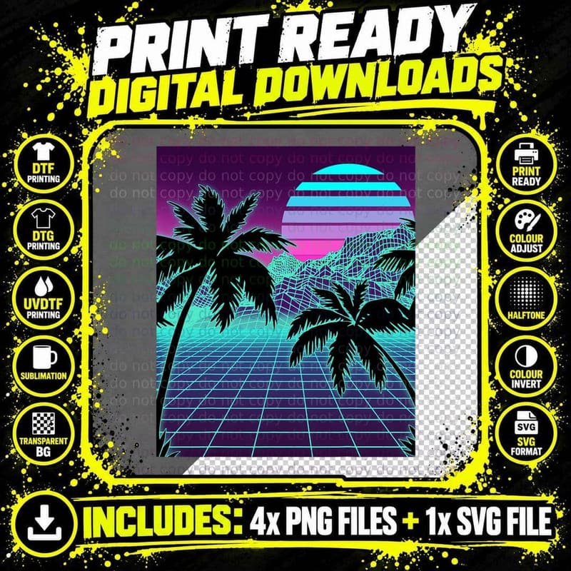 Retro 80s Vaporwave Sunset Sunrise with Outrun Style Png SVG Digital Bundle
