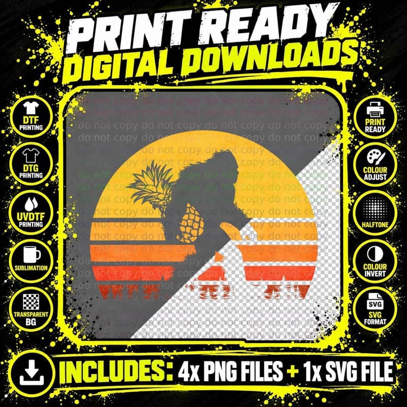 Retro Bigfoot Pineapple T-Shirt, Sasquatch with Fruit Png SVG Digital Bundle
