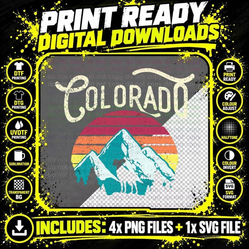 Retro Colorado Mountains T-Shirt, Vintage Style Png SVG Digital Bundle