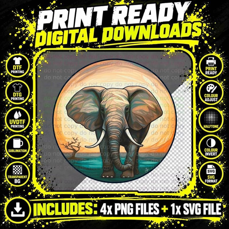 Retro Elephant Sunset Painting Abstract Animal Art Png SVG Digital Bundle