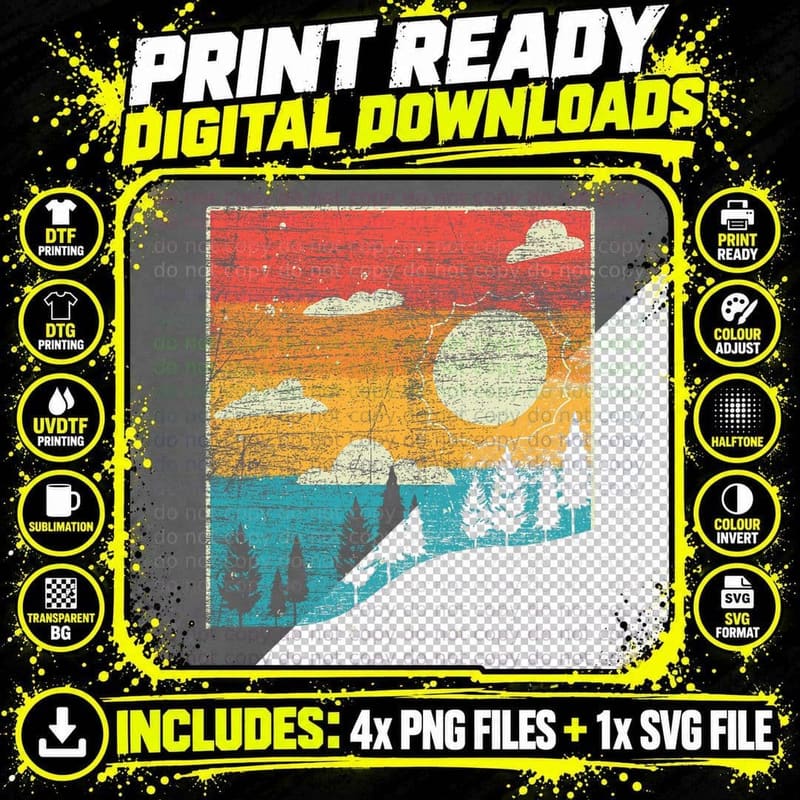 Retro Nature T-Shirt, Vintage Landscape Print Png SVG Digital Bundle