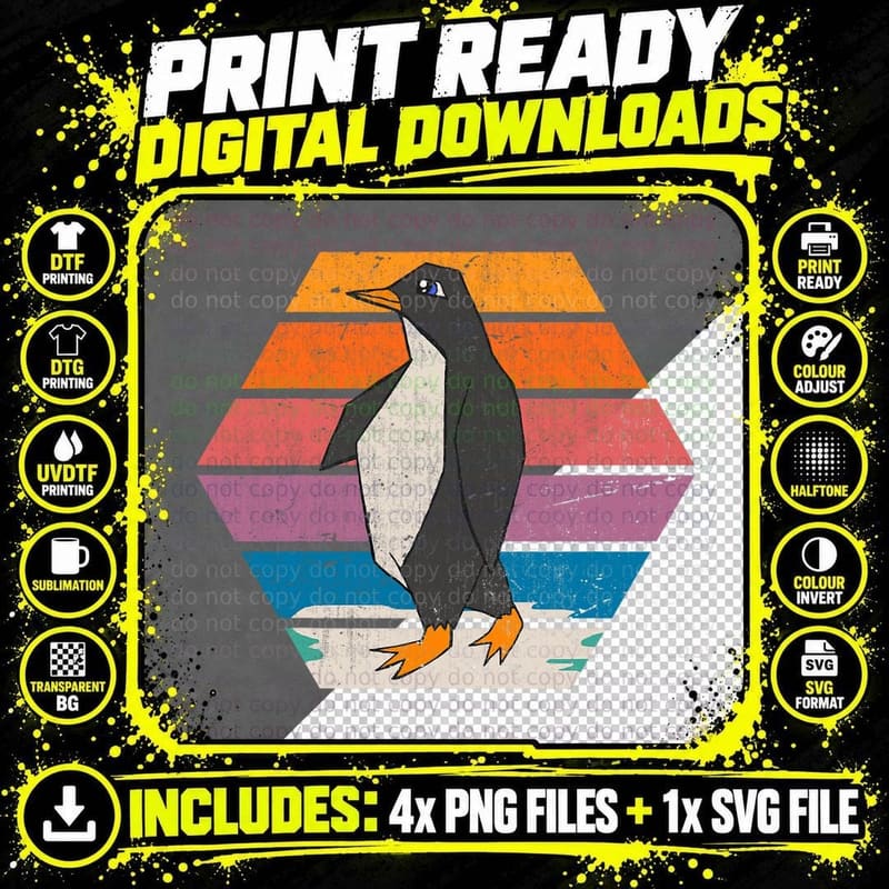 Retro Penguin T-Shirt, Vintage 80s Style Png SVG Digital Bundle