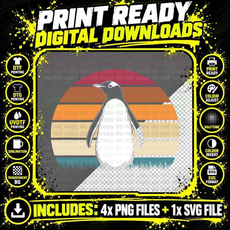 Retro Penguin T-Shirt, Vintage Sunset Print Png SVG Digital Bundle