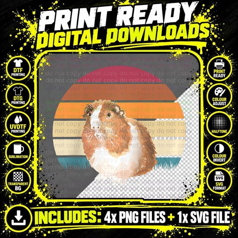 Retro Sunset Vintage Fuzzy Fluffy Brown and White Guinea Png SVG Digital Bundle