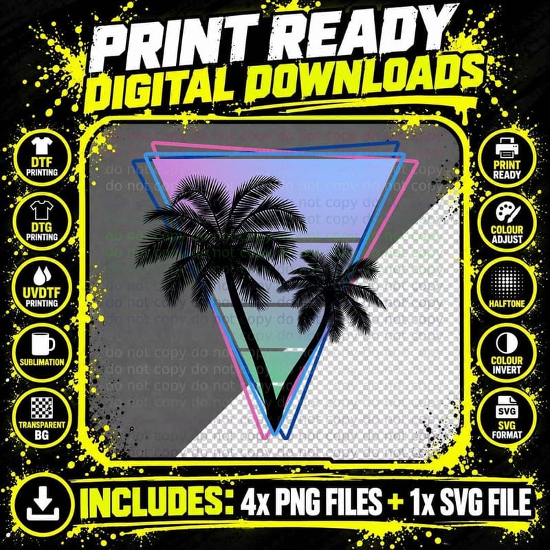 Retro Synthwave Triangle Palm Tree Silhouette 80s Png SVG Digital Bundle