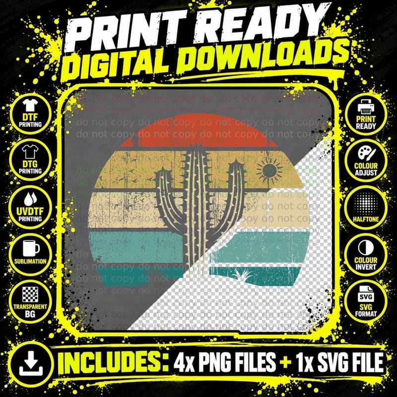 Retro Vintage Saguaro Cactus Sunset Opuntia Cactaceae Png SVG Digital Bundle