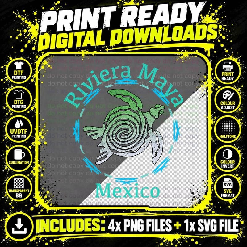 Riviera Maya Mexico Vintage Turtle T-Shirt, Tribal Print Png SVG Digital Bundle