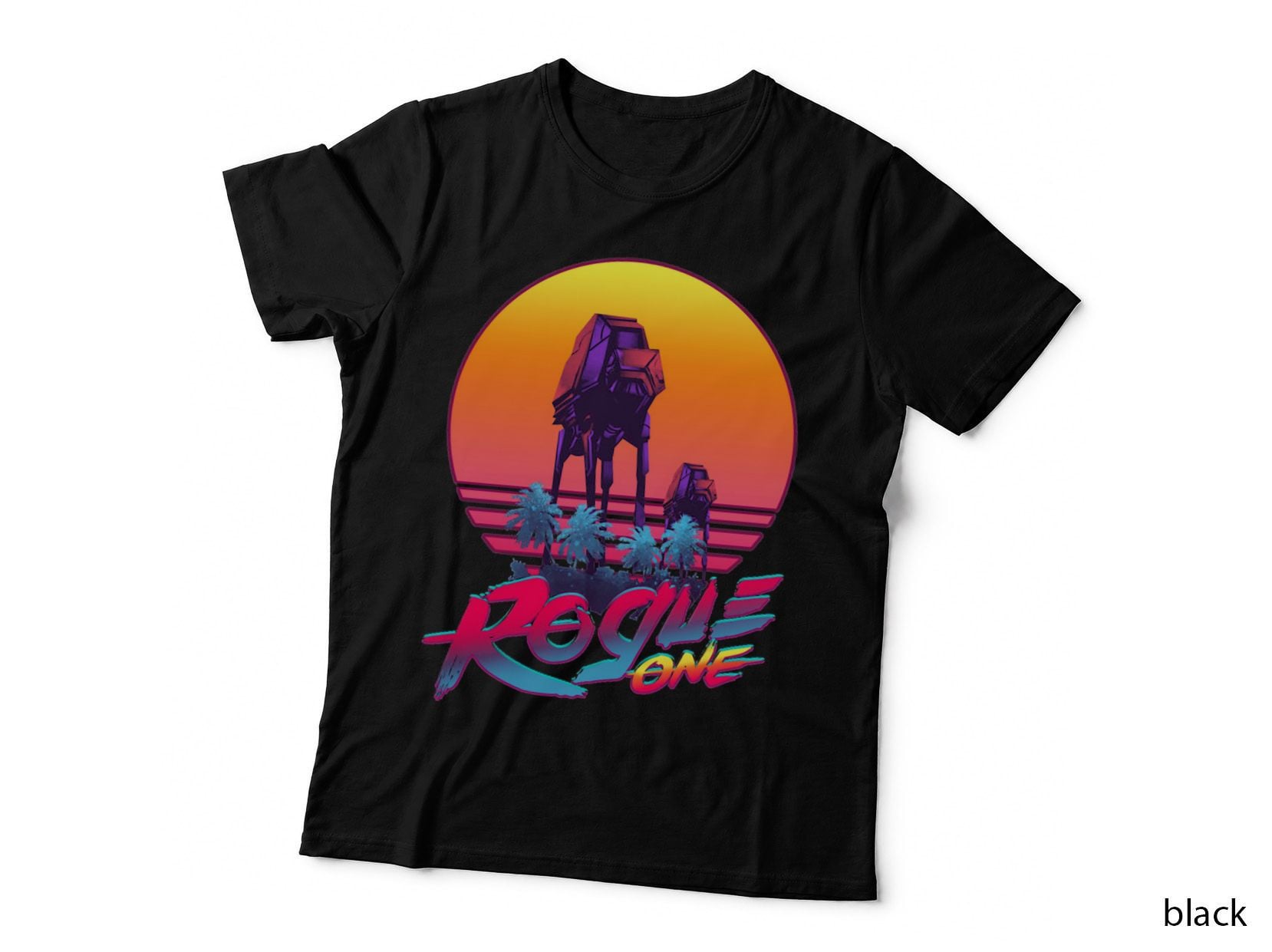 Rogue One Synthwave T-Shirt, At-At Walkers Neon Sunset, Retro Sci-Fi Fan Art