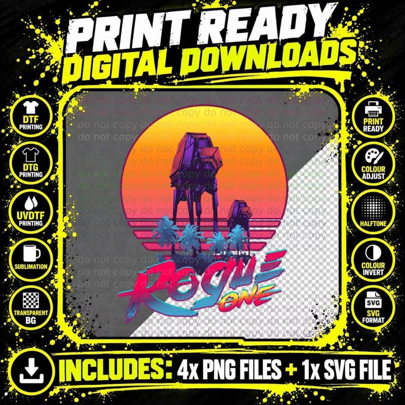 Rogue One Synthwave T-Shirt, At-At Walkers Neon Sunset Png SVG Digital Bundle