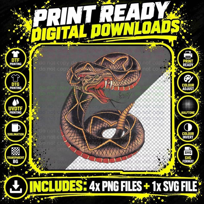 Sailor Jerry Rattlesnake T-Shirt, Classic Flash Tattoo Png SVG Digital Bundle