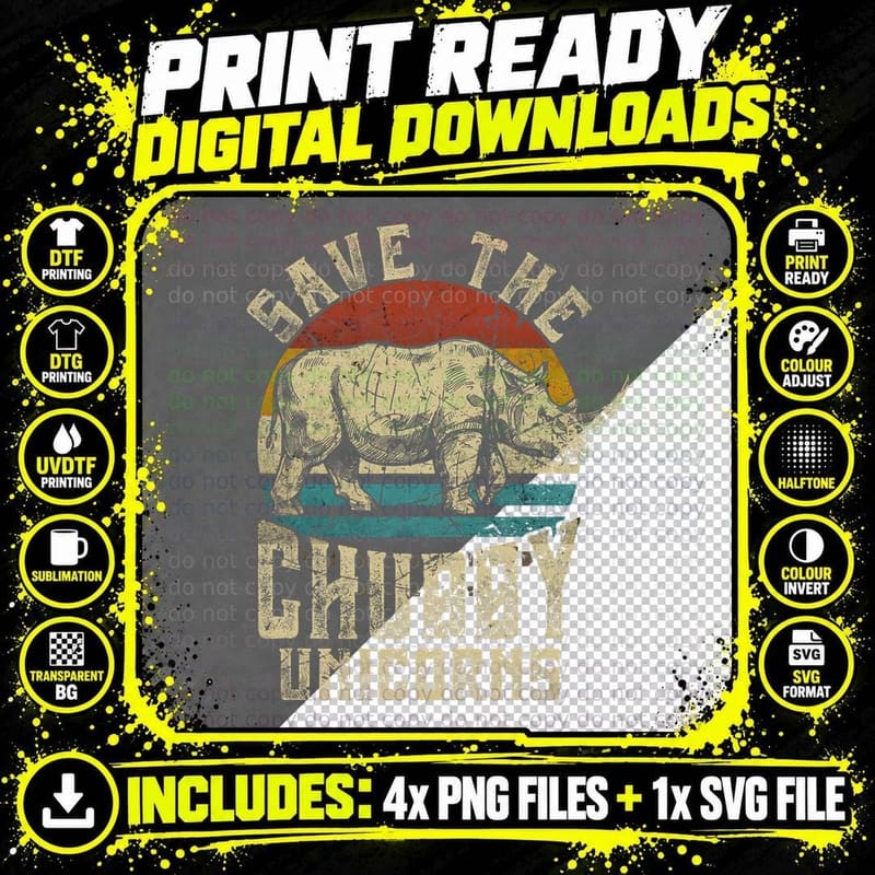 Save the Chubby Unicorn Rhino Retro Vintage T-Shirt Png SVG Digital Bundle