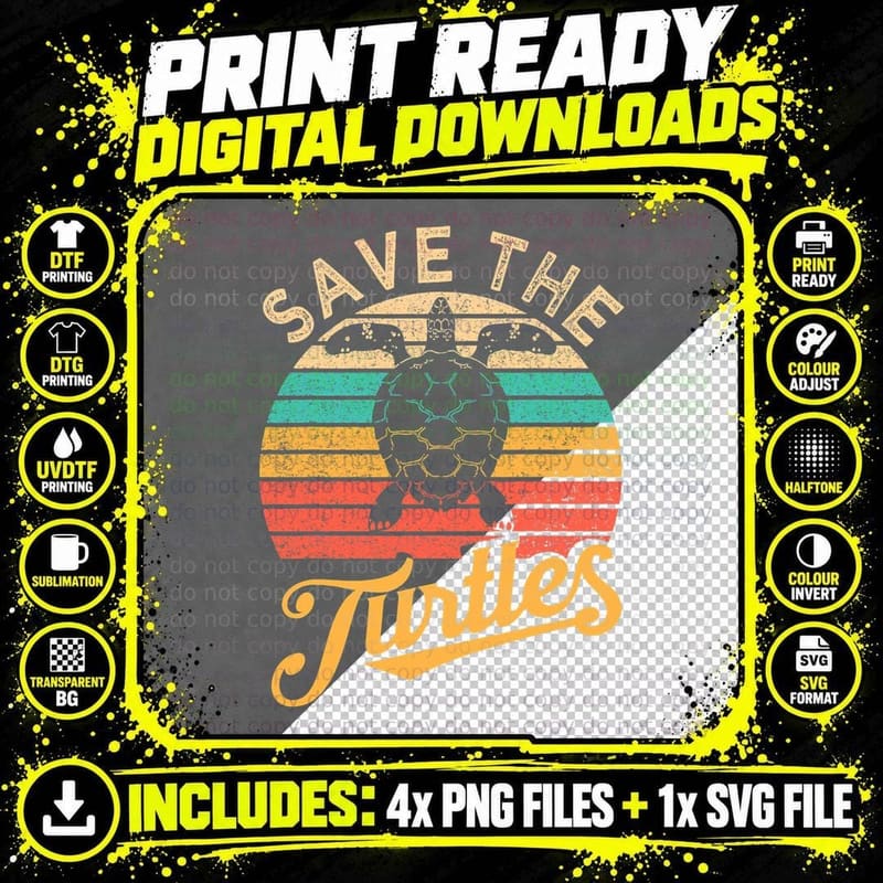 Save the Turtles Animal Rights Sea Turtle Retro Style Png SVG Digital Bundle