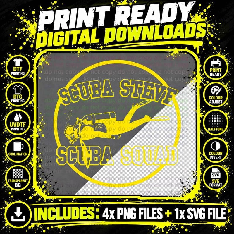Scuba Steve Vintage 90s T-Shirt, Retro Scuba Diving Png SVG Digital Bundle