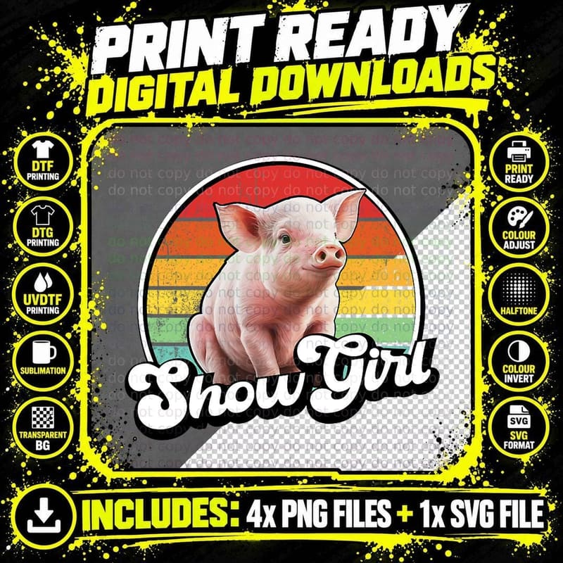 Show Pig T-Shirt, Vintage Retro, Animal Lover Apparel Png SVG Digital Bundle